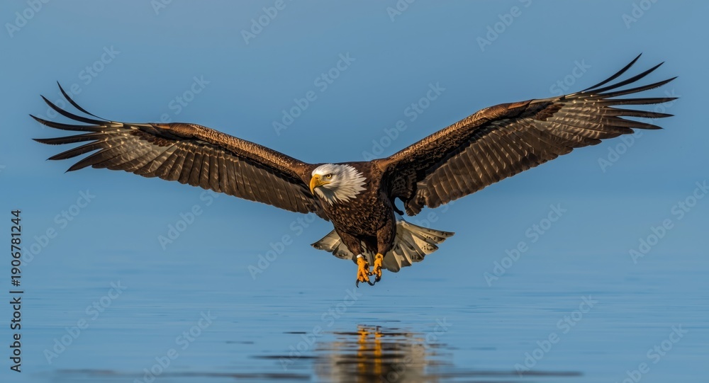Fototapeta premium Bald eagle from Falconiformes order traveling gracefully across water with wide wingspan