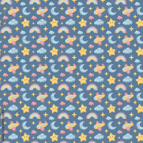 Large scale preview of baby dream seamless pattern with stars, clouds, moon and airplane on dark background. Ideal for textiles and wallpapers.