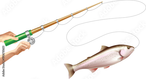 Hand style drawn fishing with rod spinning reel gear vector