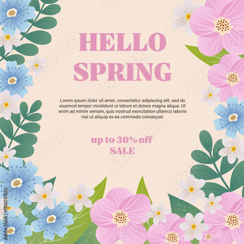 Elegant spring floral banner with blooming flowers, leaves and Hello Spring sale text. Perfect for seasonal promotions, marketing, social media and web design.