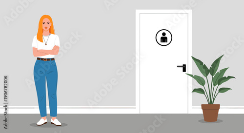 Woman standing beside a door with a paw print on it, contemplating or waiting.