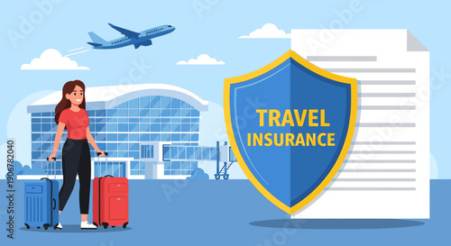 Traveler protected by a shield with a travel document in the background.