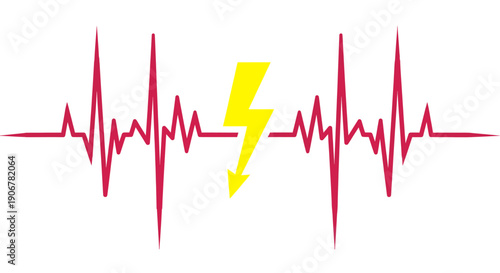 A red ecg waveform with a yellow lightning bolt symbol overlaid on a white background
