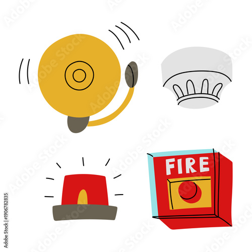 Fire alarm system icons set with bell, smoke detector, siren and emergency button. Isolated safety equipment for fire department infographic, office security posters or web design projects
