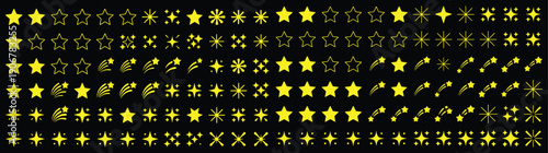 Star Vector Illustration:, star silhouette vector illustration featuring a diverse collection of stars and star like shapes,showcases solid, outlined, and dotted stars