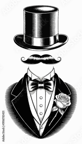 A minimalist and baroque ink-drawn vector illustration depicting the accessories of a 19th-century gentleman.