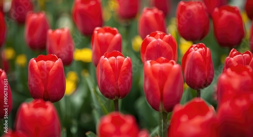 Close up view of fresh red tulips flowering on a garden flowerbed with space for text
