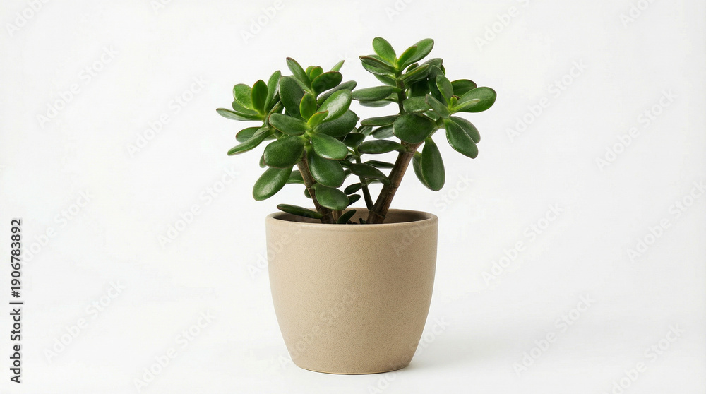 Fototapeta premium Indoor succulent plant in beige pot against white background 