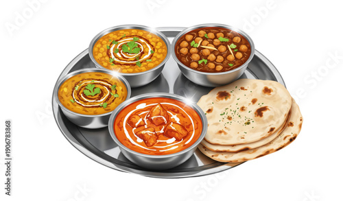 Indian thali vector illustration with naan dal tadka chole and butter chicken