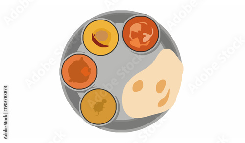 Flat Indian thali illustration with naan and classic curries