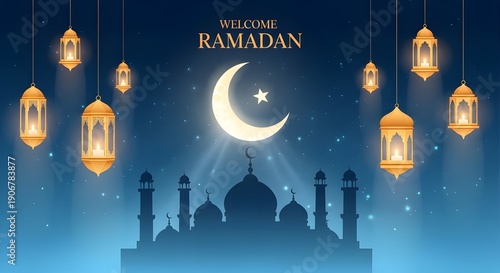 Elegant Ramadan illustration with a glowing crescent moon above a peaceful mosque silhouette, warm golden lanterns, and a calm spiritual night atmosphere