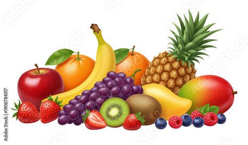 Fresh fruits arrangement vector illustration isolated on white background