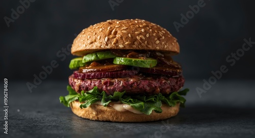 Focused shot of a delicious vegetarian burger layered with beet avocado onion and organic salad over a dark backdrop