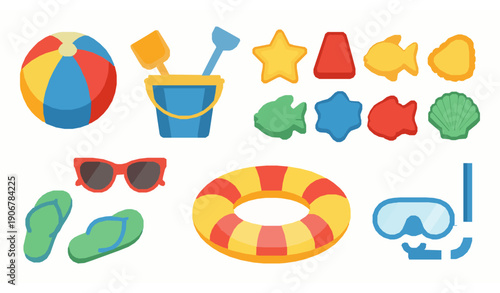 Flat beach toys and accessories illustration set for summer design