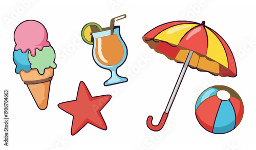 Cute cartoon summer objects illustration with beach accessories