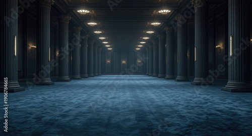 empty room with plush blue carpet columns and ceiling mounted lights