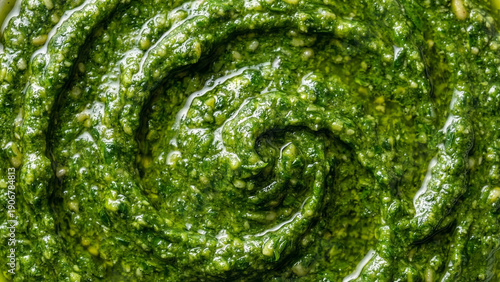 Fresh Green Pesto Sauce Swirl Texture Closeup Background Italian Basil Condiment Macro