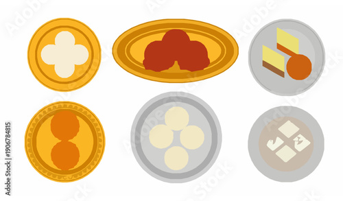 Flat top view Indian sweets thali illustration for festive food design