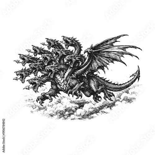 Multi-Headed Hydra Dragon Flying Above Clouds