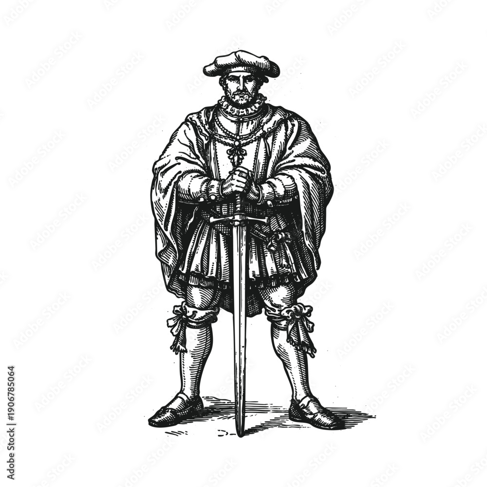 Fototapeta premium Renaissance Nobleman or Prince Standing with a Two-Handed Great sword