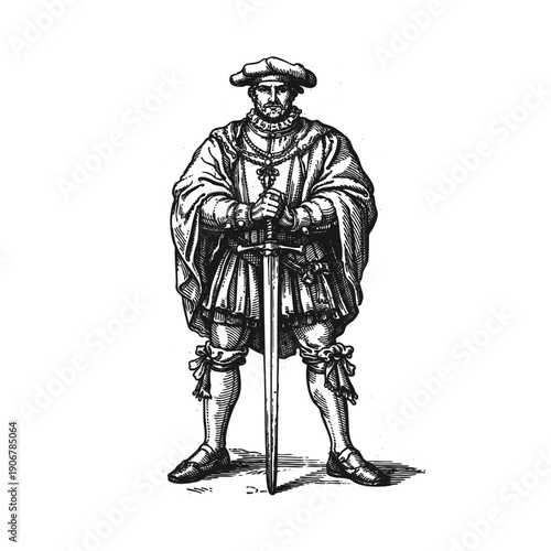 Renaissance Nobleman or Prince Standing with a Two-Handed Great sword