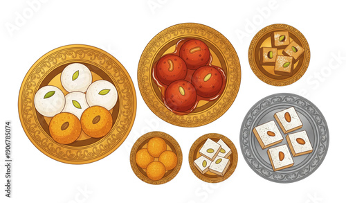 Festive Indian mithai thali top view vector art for celebrations