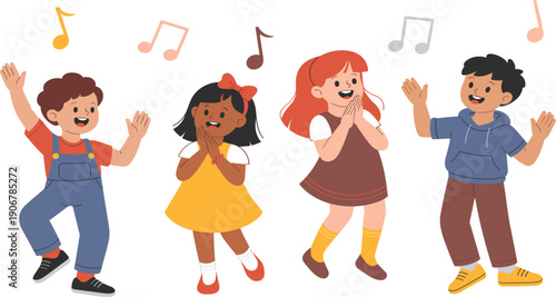 Happy children dancing and singing with music notes, flat vector illustration of diverse kids celebrating