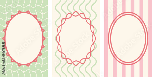 Set of vintage oval frames with pastel patterned backgrounds, retro decorative labels and elegant borders for invitations, greeting cards, branding, templates and scrapbook design