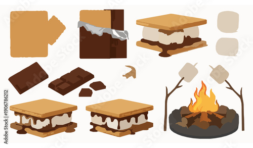 S’mores ingredients and campfire roasting vector illustration camping snacks
