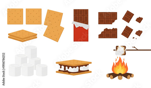 Flat s’mores ingredient illustration set for camping and outdoor design