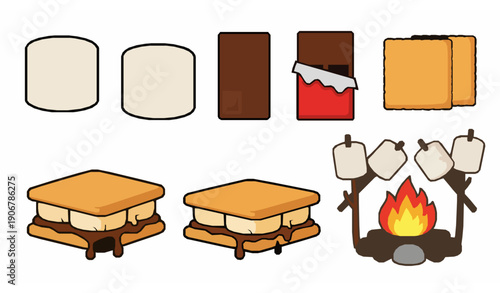 Cartoon s’mores camping snack illustrations with campfire roasting