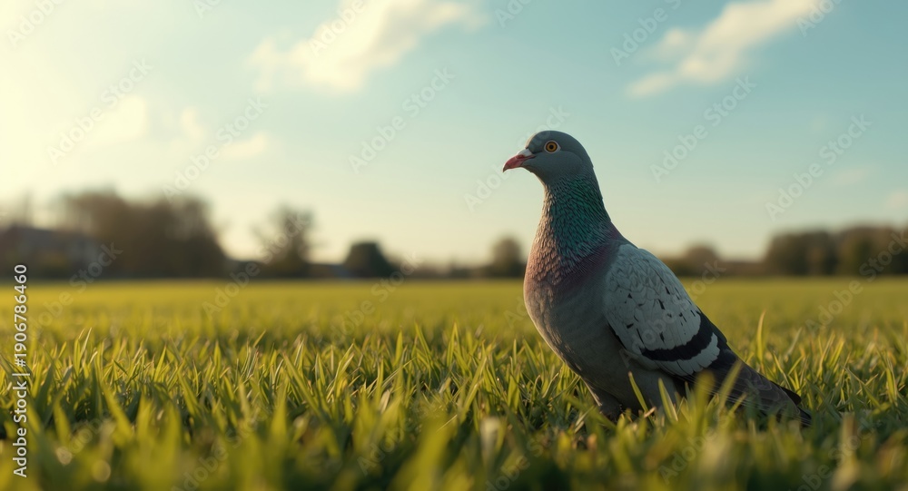 Obraz premium Bright summer day featuring a joyful pet pigeon on a full length green grass lawn