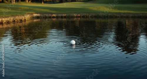 Calm pond surface with a golf ball afloat making subtle ripples amid a lush golf course green area