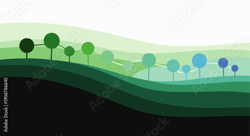 Modern abstract landscape with layered green and blue gradients, featuring a row of minimalist trees, symbolizing environmental harmony and digital growth.