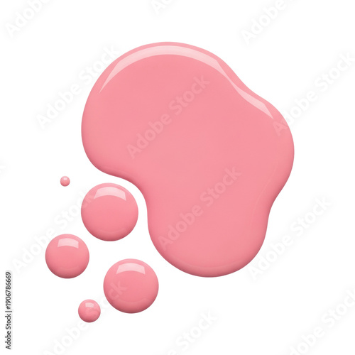 Ultra-realistic macro of thick, blush pink, viscous nail polish puddle and glossy drops on a solid transparent background, showcasing material texture and pristine clarity. Concept for cosmetic