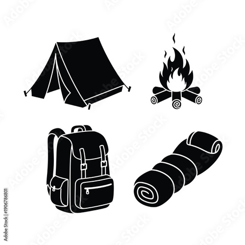Camping essentials including tent, backpack, campfire, and sleeping bag, arranged neatly for an outdoor adventure.