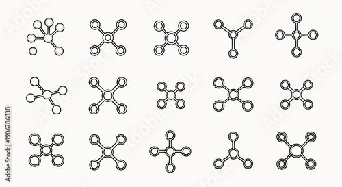 Minimalist vector icon set showcasing various drone and quadcopter propeller configurations. Modern design elements for UAV technology, aviation, and abstract connections.