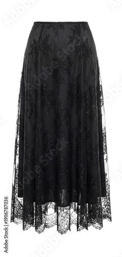 Black lace maxi skirt with a sheer overlay and scalloped edge