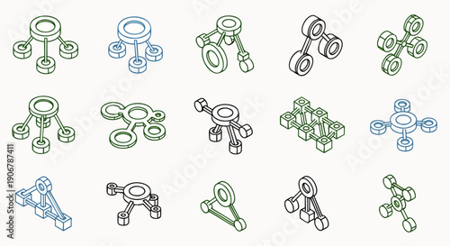 Isometric line art illustrations of abstract interconnected geometric shapes, representing network connections, mechanical components, or structural elements in a modern, technical design.