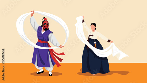 Performers in traditional korean hanbok and a mask are performing a graceful dance with long white fabric ribbons for a cultural event.
