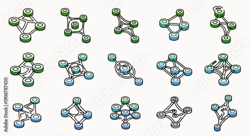 Set of diverse abstract network and connection icons illustrating digital communication, data flow, and technological infrastructure concepts.