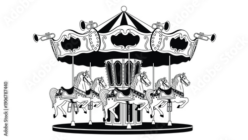 Intricate black and white illustration shows a vintage carousel with horses and musical trumpets at the top on a plain white background.