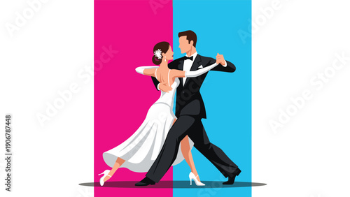Couple in formal attire performs a passionate tango dance in front of a split pink and blue background for a ballroom dancing theme.