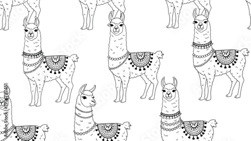 Seamless black and white pattern features several llamas with decorative saddles and necklaces in a simple hand drawn doodle style.