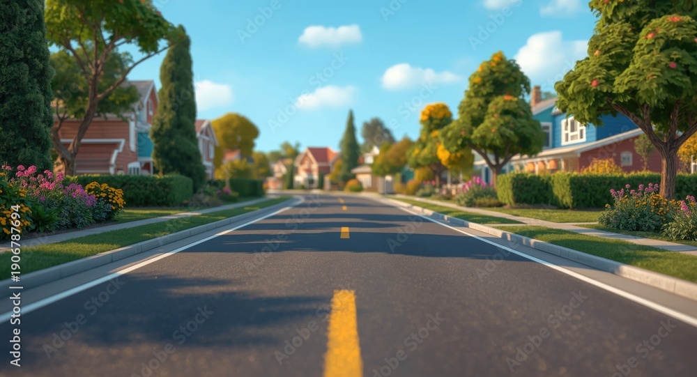 Obraz premium A scenic 2d cartoon view of a suburban asphalt road lined with charming homes and lush vegetation