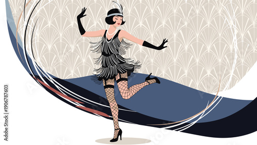 Elegant flapper girl in a fringed black dress and headband dances energetically in front of a classic art deco fan pattern backdrop.
