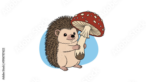 Small brown hedgehog is holding a large red and white fly agaric mushroom against a soft blue circular background for a nature theme.