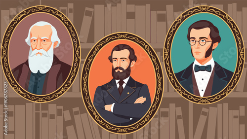 Three oval portraits of distinguished men from history are displayed against a backdrop of a library bookshelf in a library setting.