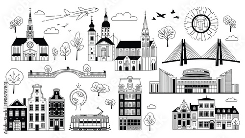 Black and white architectural icons of old buildings, churches, bridges, and a tram are displayed in a clean graphic composition.