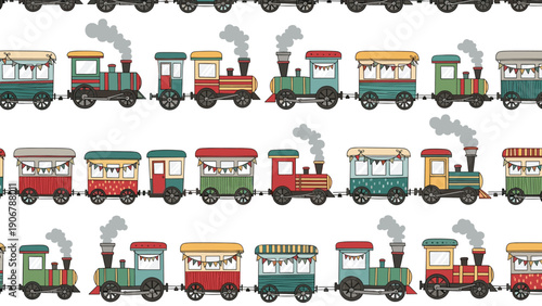 Large seamless pattern shows rows of various vintage steam trains with colorful carriages and smoke on a clean white background.